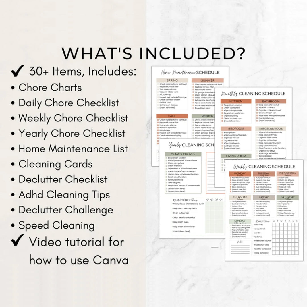 ADHD Cleaning Checklist Bundle, Cleaning Planner, Chore Chart, Deep Cleaning Cards, Cleaning Schedule, Family Chore Chart Planner