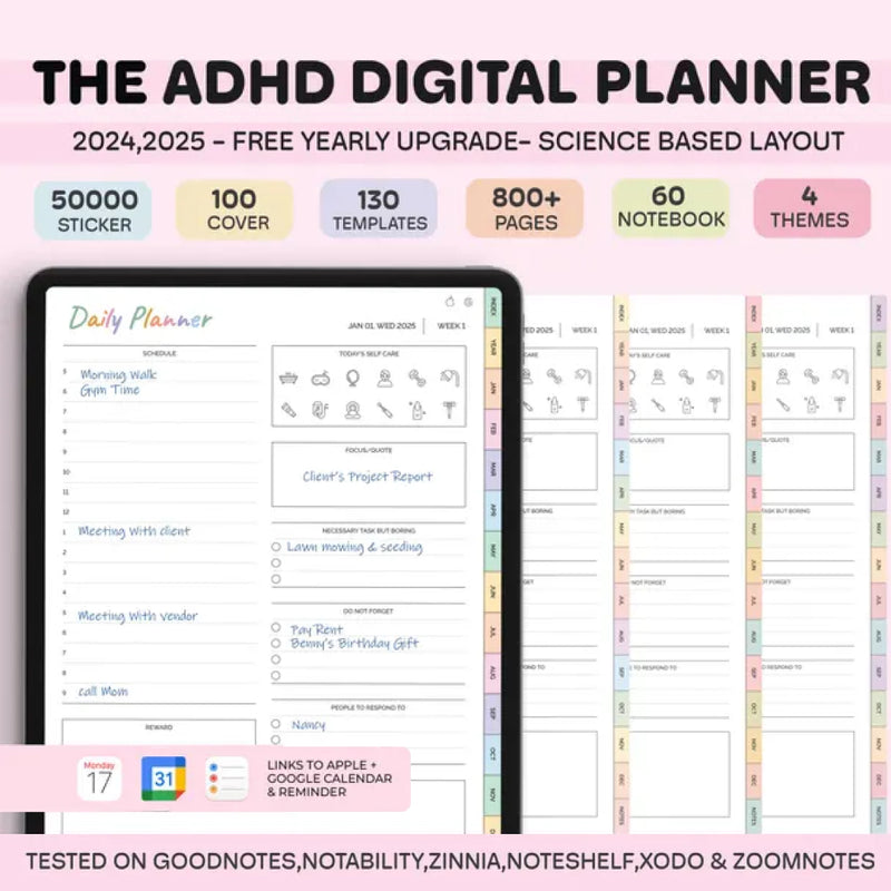 ADHD Digital Planner for iPad, Goodnotes + Android, Self Care & Habit Tracker, Science-based Planner