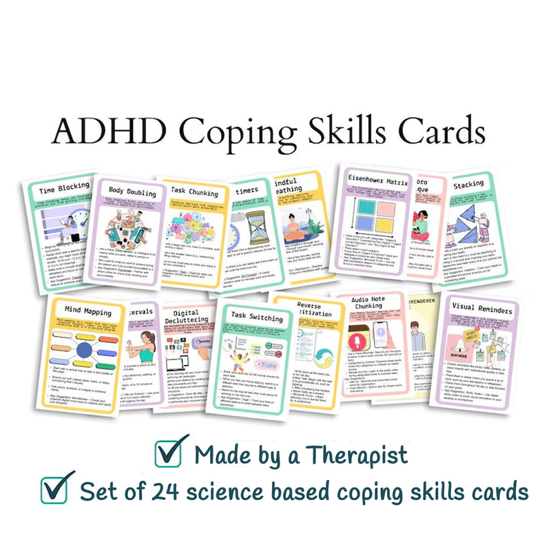 ADHD coping skills cards, ADHD therapy tools, ADHD bundle, adhd for adults, adhd for teens, adhd resources, adhd visual aids adhd worksheets