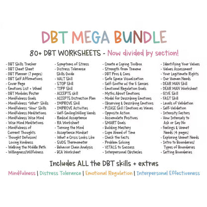 DBT Mega Bundle, Including DBT Skills, Therapy Tools and Worksheets, Mental Health Printables, Cards, Instant Download